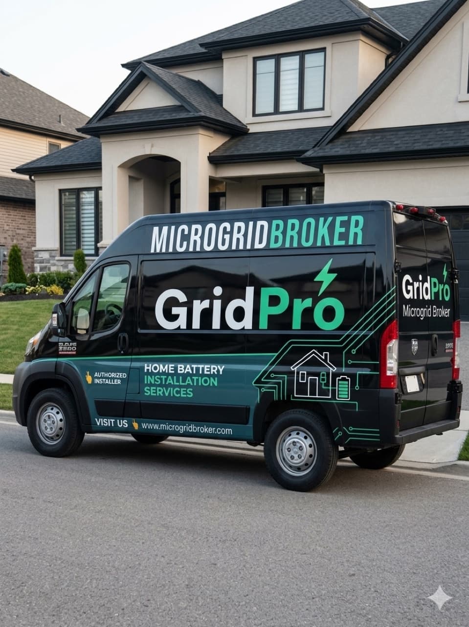 Microgrid Broker GridPro installation van at a residential job site